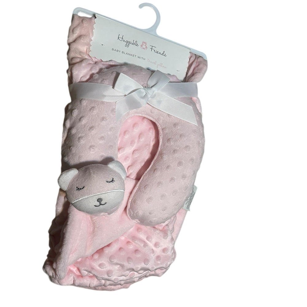 NWT Huggable Friends Pink Minky Dot Baby Blanket and Travel Neck Pillow Set Bear - Picture 3 of 10